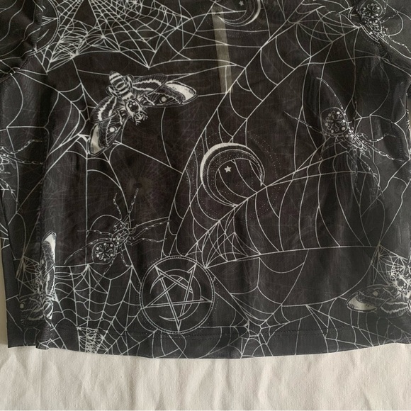 ASOS Top Black Sheer Cropped Long Sleeve Spider Web Moth Print Gothic Trad Goth - Picture 5 of 14